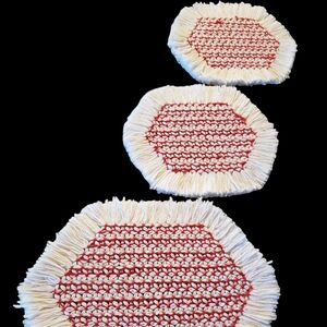Vintage Pot Holders (3), red & white. EUC